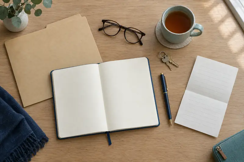 A notebook, folder, reading glasses and a cup of tea laid out on a wooden table.