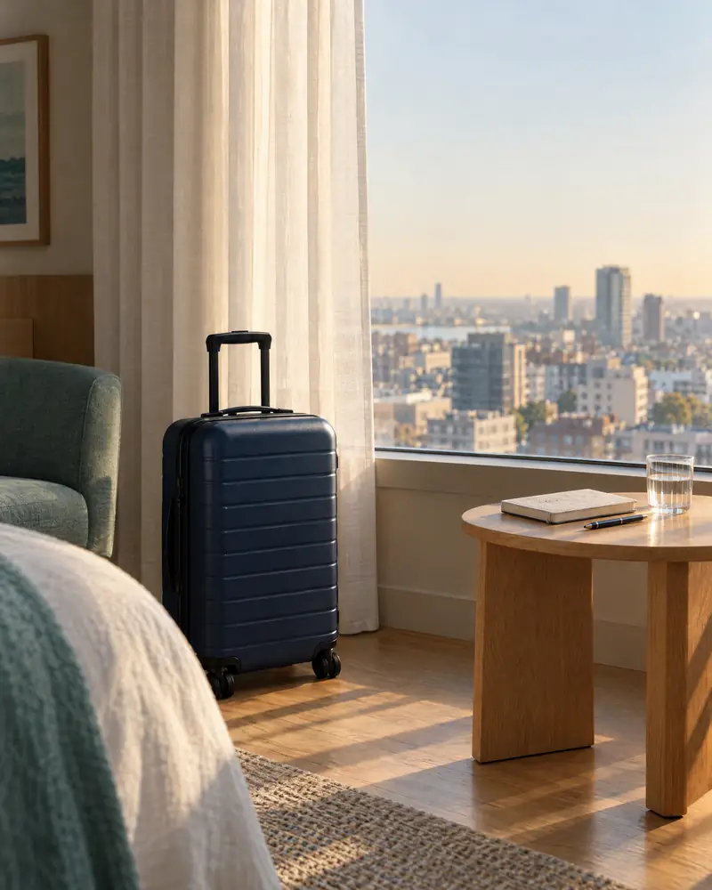 A navy carry-on suitcase by a hotel window at golden hour, with a notebook and a glass of water on a small table.