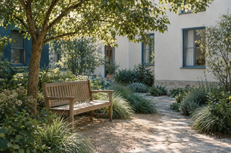 An empty wooden bench in a quiet garden courtyard.